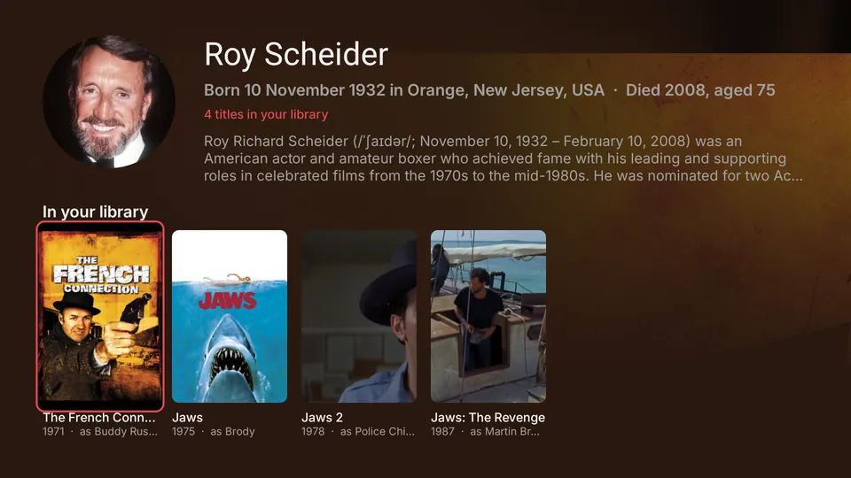 Roy Scheider's actor page with his biography and films labelled with his characters.