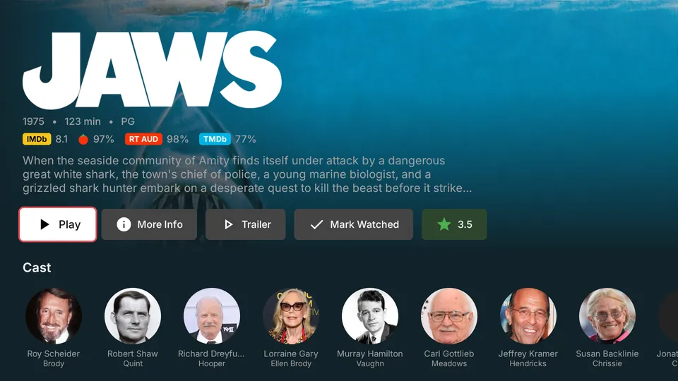 Jaws's detail page with its title logo, ratings and a Trailer button.