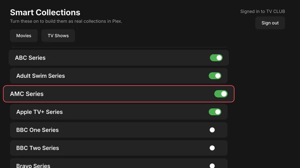 Smart Collections settings with switches for TV network collections.