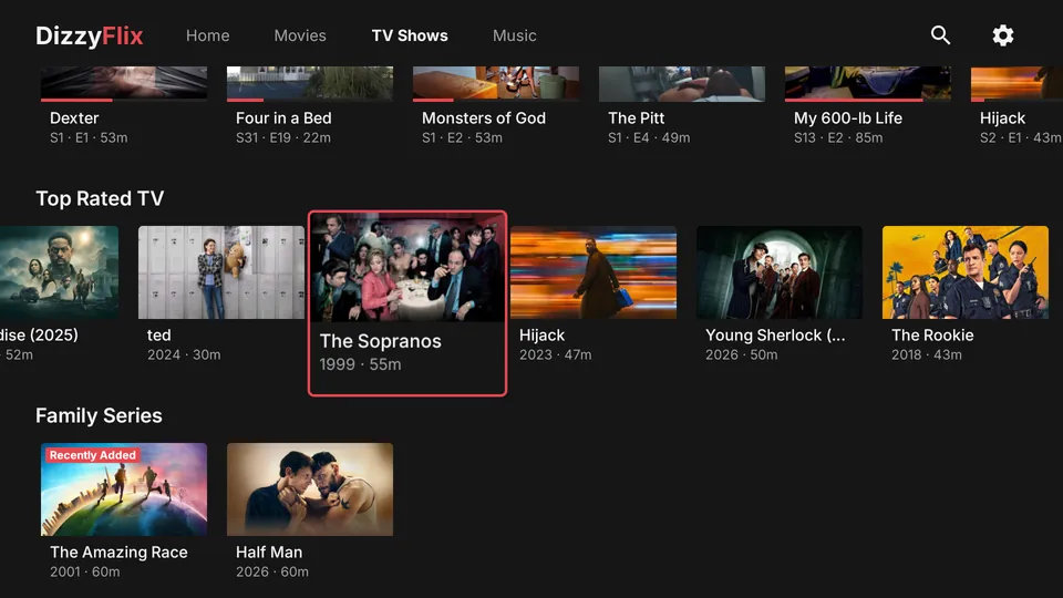 The TV Shows tab with a Top Rated TV row and a Family Series row.